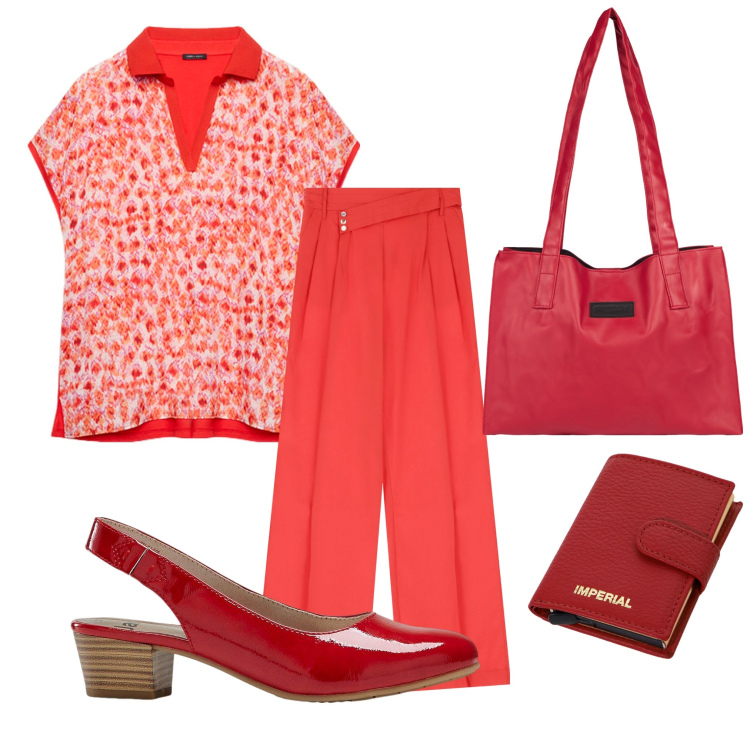 Outfit donna - Tutto rosso. Stile Casual per Tutti i giorni. Abbinamento con décolleté, pantaloni, portafogli, shopping bag, bluse.