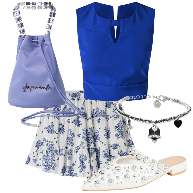 Outfit donna - Una serata in compagnia. Stile Trendy per Tutti i giorni. Abbinamento con ballerine, minigonne, top, borse a secchiello, braccialetti.