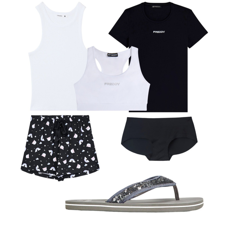 Outfit donna - Total look #2230924. Stile Casual per Tutti i giorni. Abbinamento con infradito, pigiama, culotte, top sportivi, t-shirt sportive, reggiseni.