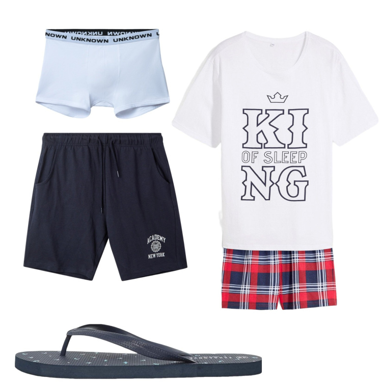Outfit uomo - Total look #2230927. Stile Casual per Tutti i giorni. Abbinamento con abbigliamento da notte, sandali, pantaloncini sportivi, boxer.