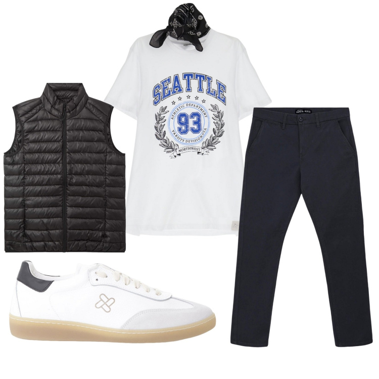 Outfit uomo - Total look #2230928. Stile Casual per Tutti i giorni. Abbinamento con pantaloni chino, piumini, sneakers, t-shirt.
