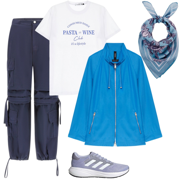 Outfit donna - Vacanze in montagna. Stile Casual per Sport. Abbinamento con foulard, t-shirt, pantaloni cargo, parka, sneakers.