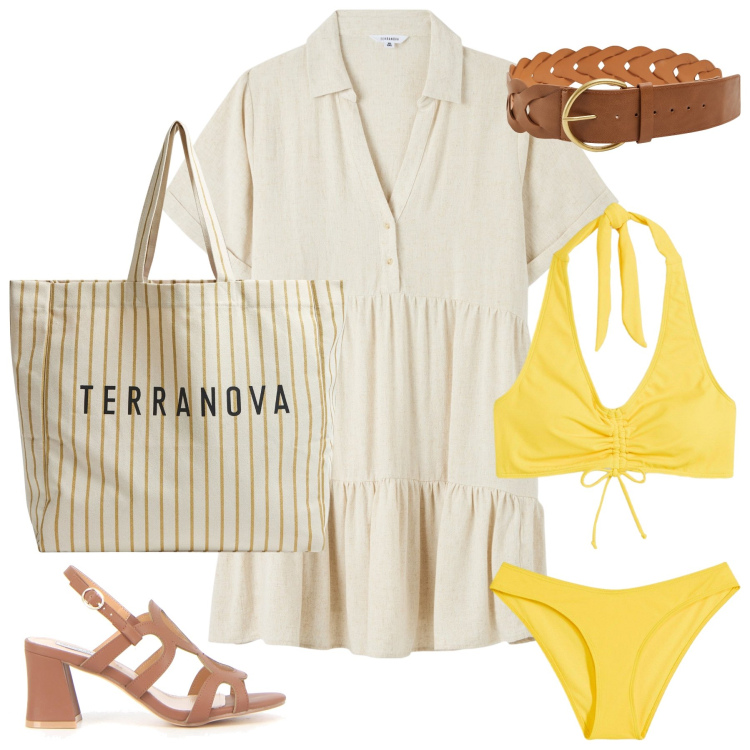 Outfit donna - Soleil. Stile Casual chic per Tutti i giorni. Abbinamento con bikini, vestiti chemisier, cinture, borse tote, sandali col tacco.