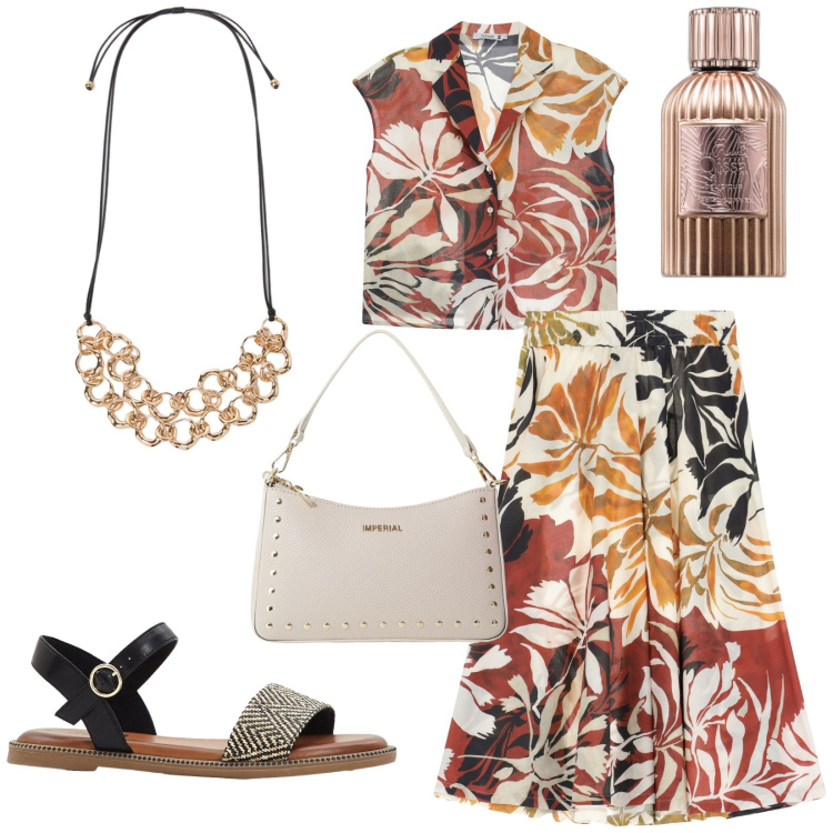Outfit donna - Total look #2230939. Stile Casual chic per Tutti i giorni. Abbinamento con sandali, profumi, gonne longuette, camicie, borse a spalla, collane.