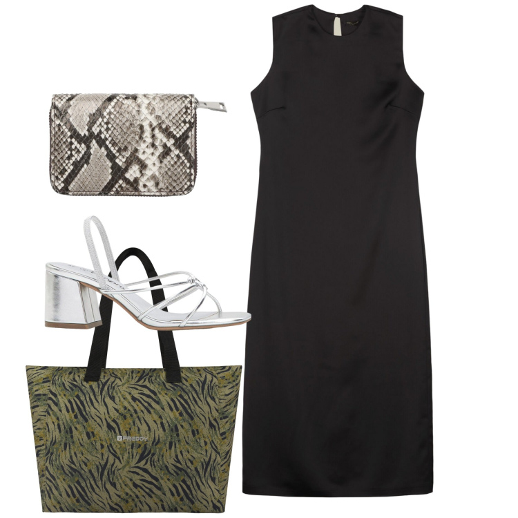 Outfit donna - Total look. Stile Minimal per Tutti i giorni. Abbinamento con sandali col tacco, portafogli, shopping bag, vestiti lunghi.