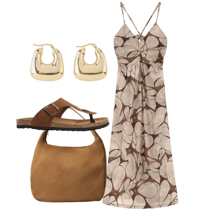 Outfit donna - Total look. Stile Bon Ton per Tutti i giorni. Abbinamento con orecchini, infradito, borse a mano, vestiti lunghi.