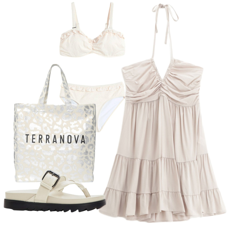 Outfit donna - Al mare. Stile Romantica per Mare. Abbinamento con bikini, ciabatte, borse tote, vestiti corti.