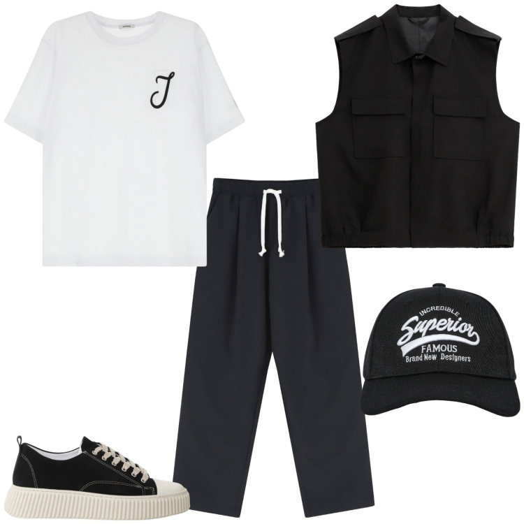 Outfit uomo - Super trendy. Stile Trendy per Serata speciale. Abbinamento con cappelli con visiera, sneakers, t-shirt, pantaloni, gilet.