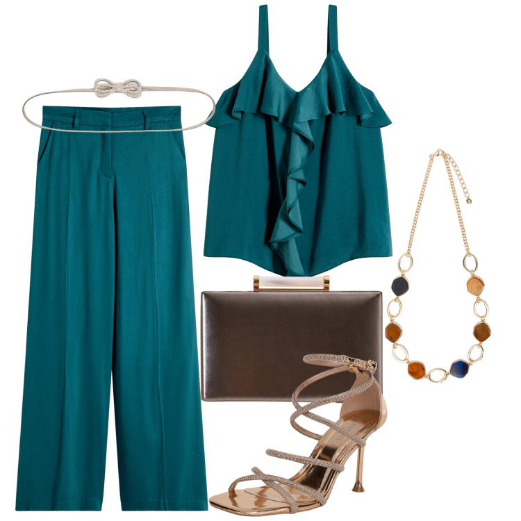 Outfit donna - Eleganza in ottanio. Stile Chic per Serata fuori. Abbinamento con top, pantaloni, sandali col tacco, cinture, clutch, collane.