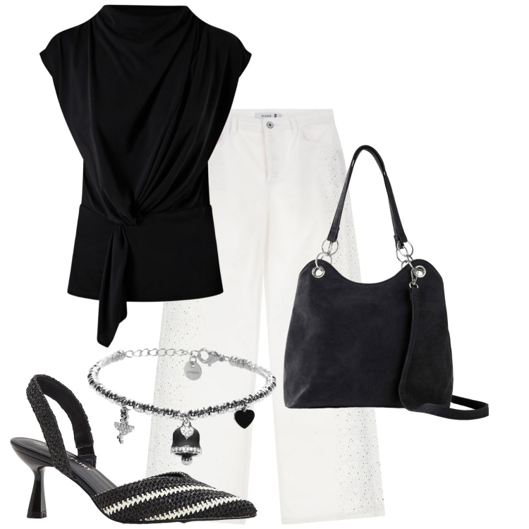 Outfit donna - Bicolore. Stile Glamour per Serata fuori. Abbinamento con borse a mano, décolleté, top, pantaloni, braccialetti.