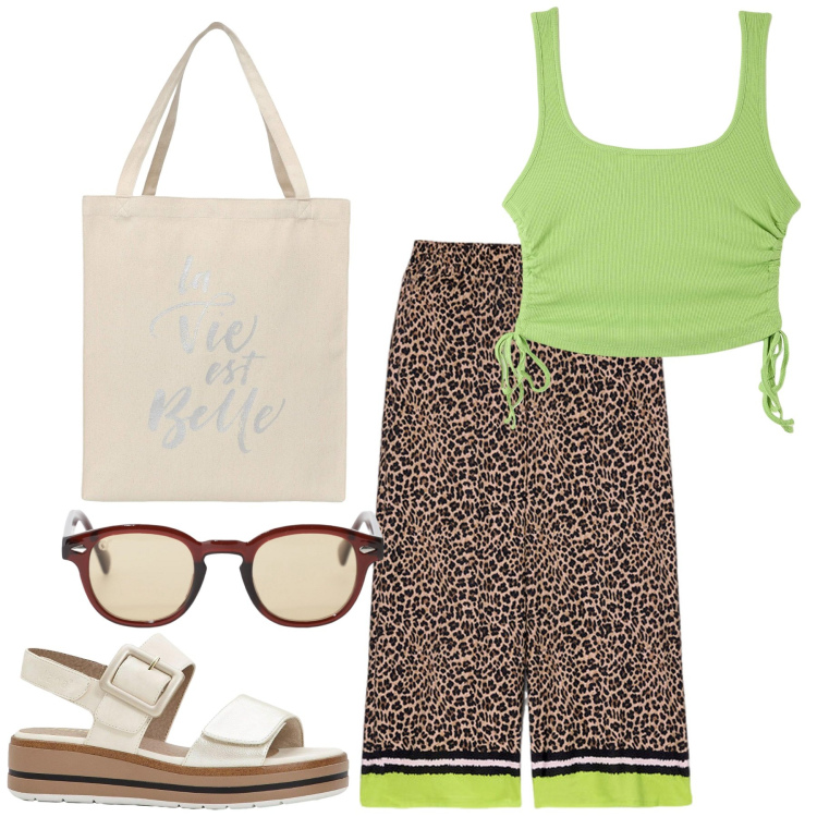 Outfit donna - Passeggiata al mare. Stile Casual chic per Mare. Abbinamento con sandali, top, borse tote, occhiali da sole, pantaloni.