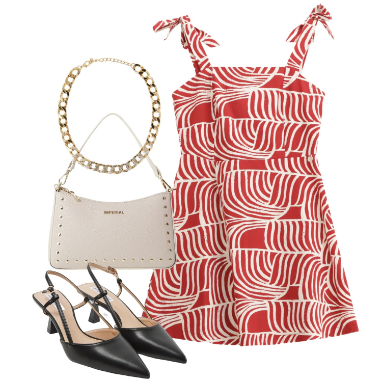 Outfit donna - Imperial. Stile Chic per Tutti i giorni. Abbinamento con collane, sabot, vestiti corti, borse a spalla.
