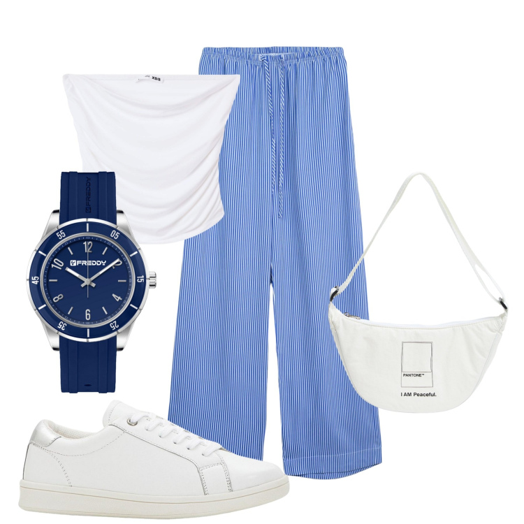 Outfit donna - Giro in barca. Stile Minimal per Mare. Abbinamento con sneakers, pantaloni, marsupi, top, orologi.