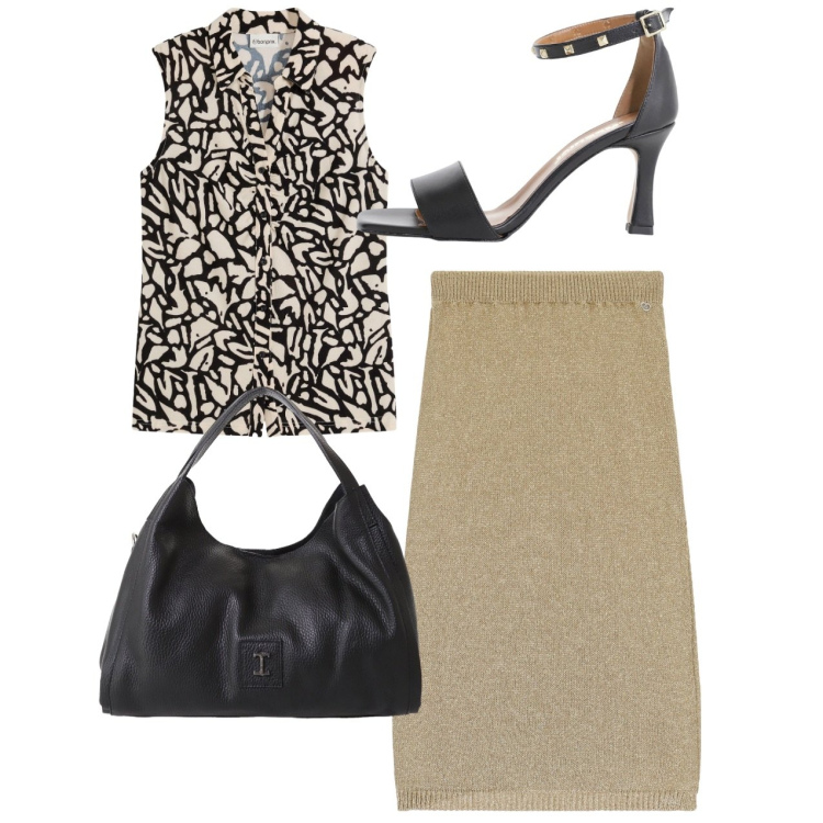 Outfit donna - Total look. Stile Chic per Ufficio. Abbinamento con bluse, gonne longuette, sandali col tacco, pochette.