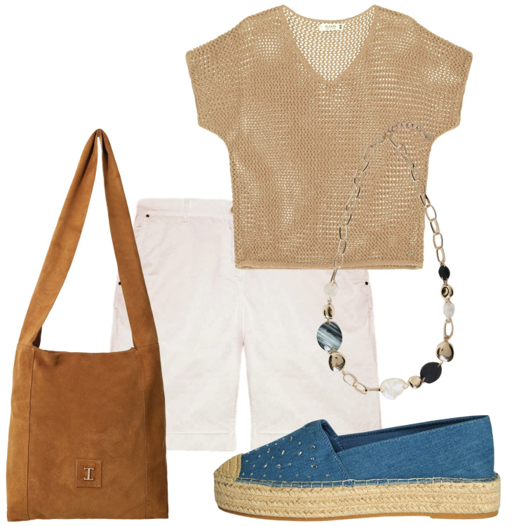 Outfit donna - Agosto, finalmente!. Stile Sporty chic per Tutti i giorni. Abbinamento con espadrillas, maglieria, borse a tracolla, pantaloni corti, collane.
