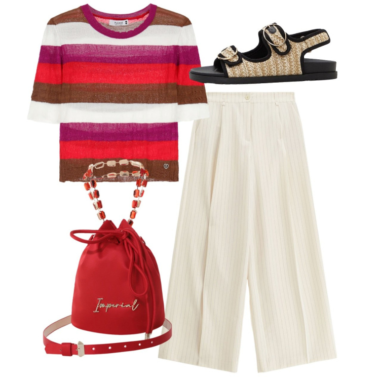 Outfit donna - Total look. Stile Bon Ton per Tutti i giorni. Abbinamento con sandali, pantaloni a palazzo, maglieria, borse a secchiello.