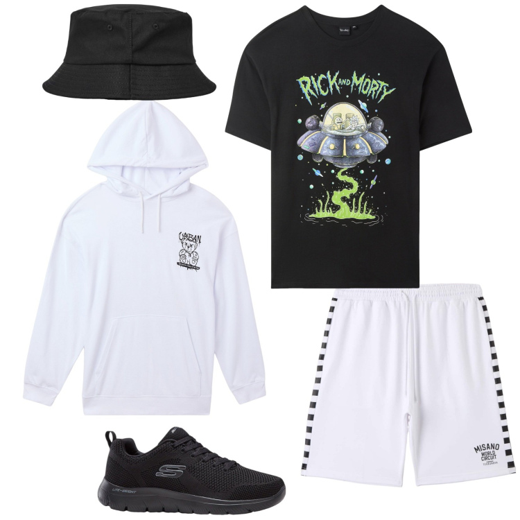 Outfit uomo - Urban estivo. Stile Urban per Tutti i giorni. Abbinamento con sneakers, bermuda, felpe con cappuccio, cappelli, t-shirt.