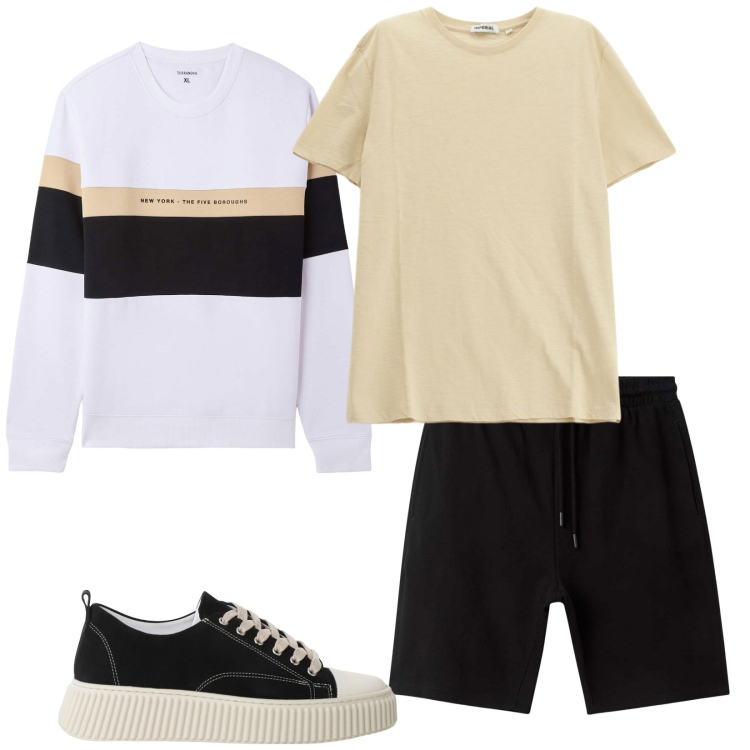 Outfit uomo - Francesco. Stile Casual per Tutti i giorni. Abbinamento con felpe con cappuccio, bermuda, sneakers, t-shirt.
