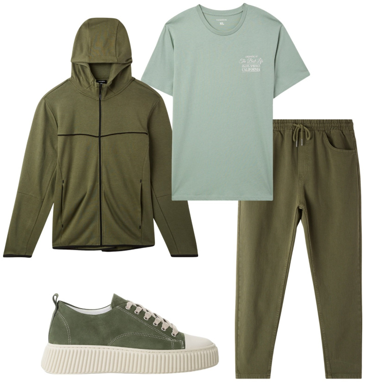 Outfit uomo - Green. Stile Casual per Sport. Abbinamento con felpe con cappuccio, t-shirt, pantaloni, sneakers.