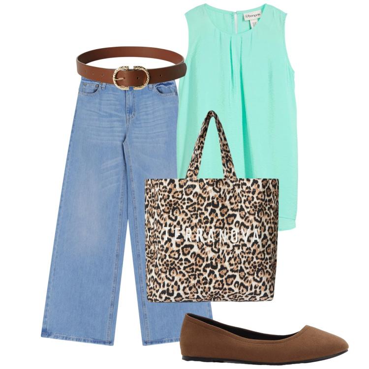 Outfit donna - Turchese e animalier. Stile Trendy per Tutti i giorni. Abbinamento con top, ballerine, cinture, borse tote, jeans a zampa.