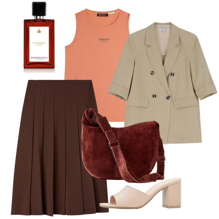 Outfit donna - Agosto. Stile Bon Ton per Ufficio. Abbinamento con sandali col tacco, borse a mano, profumi, gonne lunghe, blazer, canottiere.