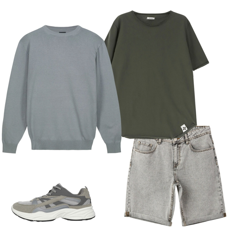Outfit uomo - Grigio e verde. Stile Casual per Tutti i giorni. Abbinamento con bermuda, sneakers, t-shirt, maglieria.