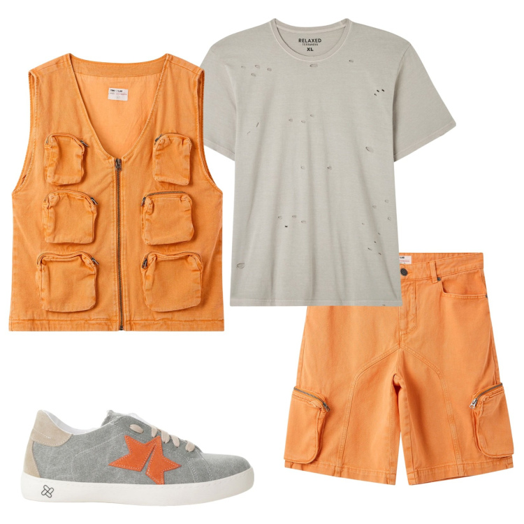 Outfit uomo - Energia. Stile Casual per Tutti i giorni. Abbinamento con t-shirt, gilet, pantaloni corti, sneakers.