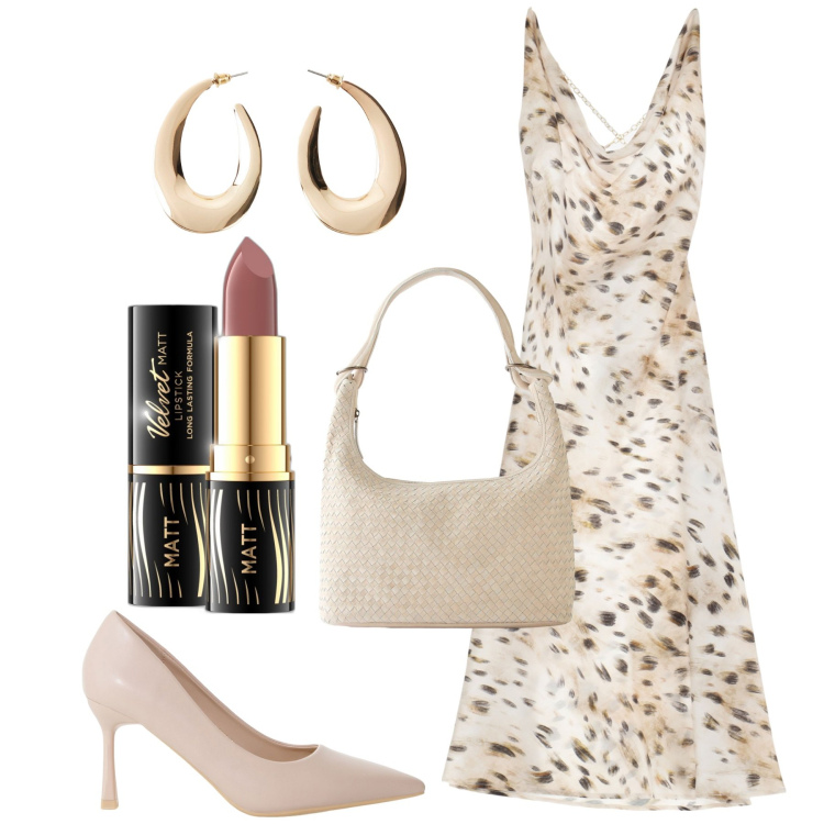 Outfit donna - Toni chiari. Stile Chic per Tutti i giorni. Abbinamento con orecchini, shopping bag, rossetti, vestiti, décolleté.