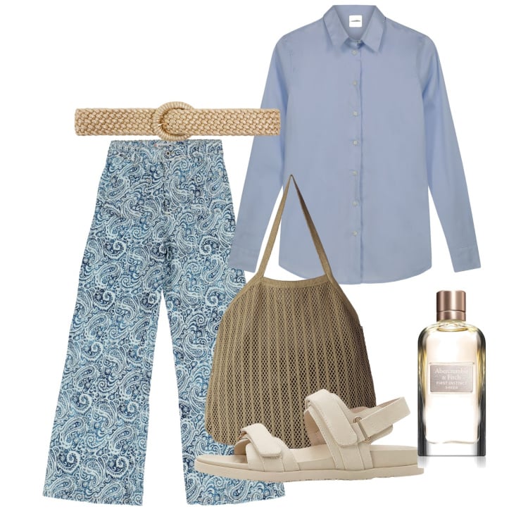 Outfit donna - Agosto. Stile Bon Ton per Tutti i giorni. Abbinamento con sandali, profumi, borse tote, cinture, jeans a zampa, camicie.