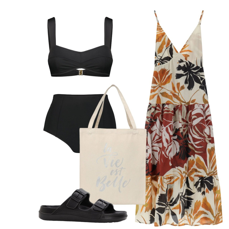 Outfit donna - A fiori sul mare. Stile Bon Ton per Mare. Abbinamento con ciabatte, borse tote, vestiti lunghi, bikini.