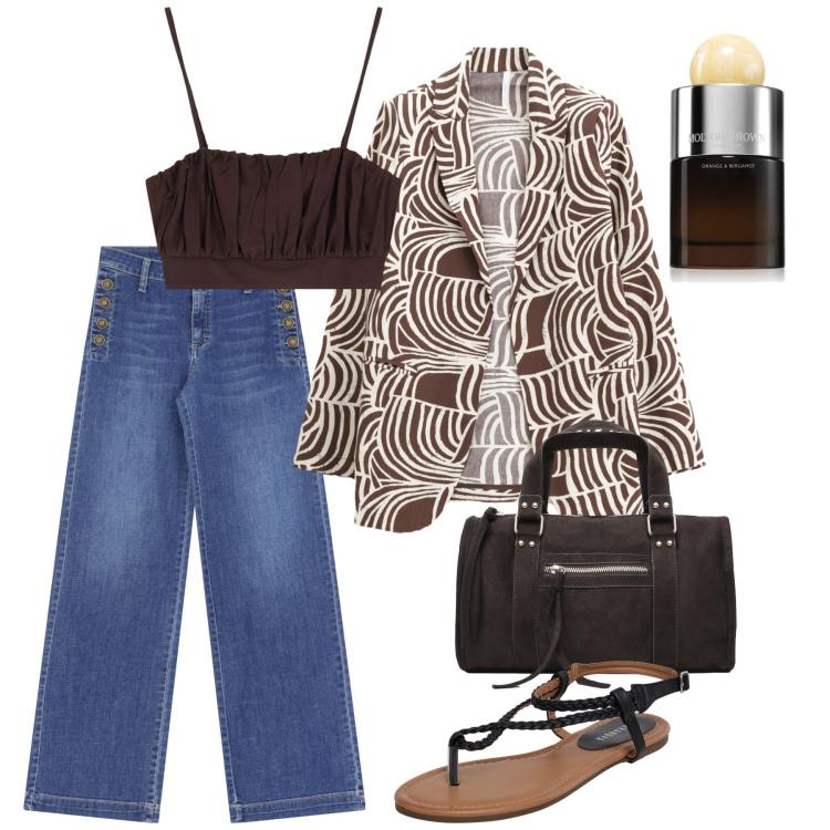 Outfit donna - Agosto. Stile Casual chic per Tutti i giorni. Abbinamento con profumi, ciabatte, borse a mano, jeans a zampa, blazer, top.
