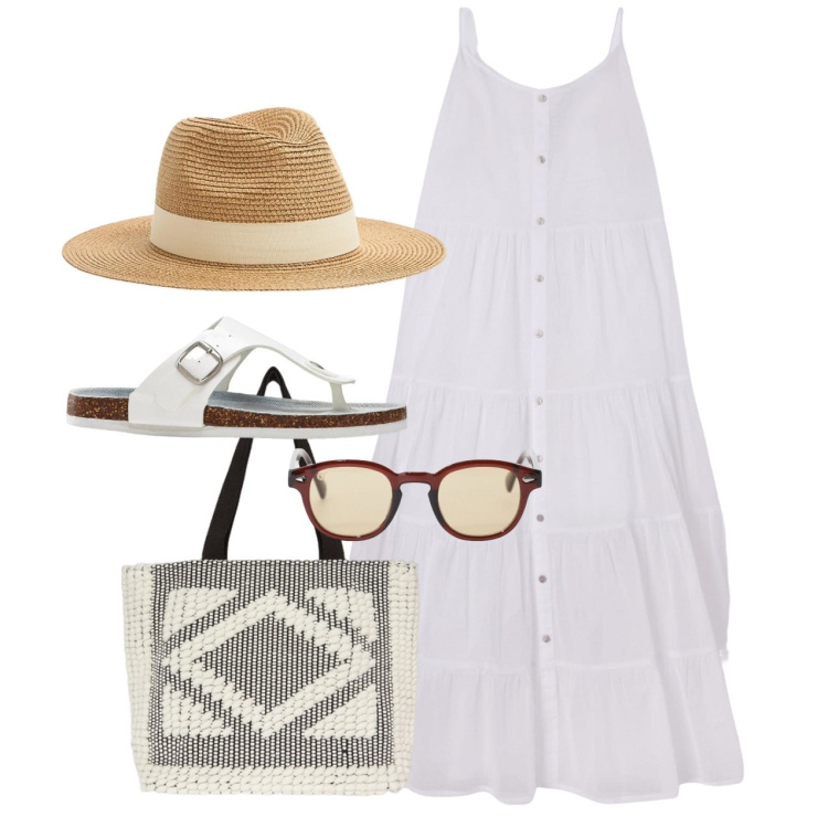Outfit donna - Passeggiata. Stile Romantica per Tutti i giorni. Abbinamento con infradito, vestiti lunghi, cappelli, occhiali da sole, shopping bag.