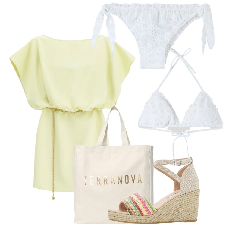 Outfit donna - Zante. Stile Glamour per Mare. Abbinamento con sandali, bikini, bikini, borse tote, vestiti corti.