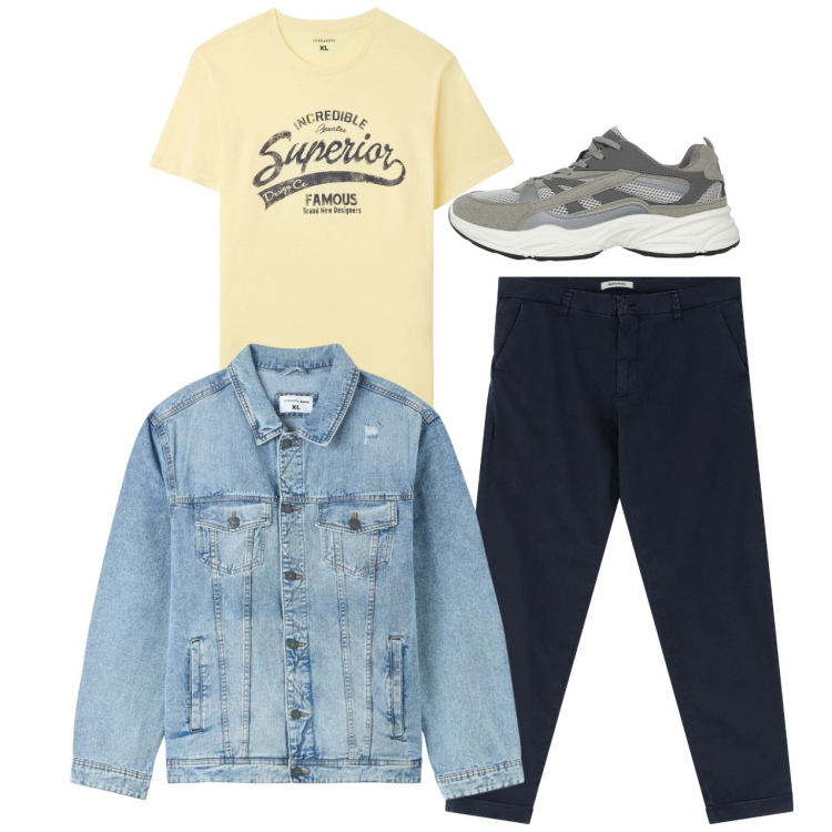 Outfit uomo - Total look. Stile Casual per Tutti i giorni. Abbinamento con giacche, t-shirt, sneakers, pantaloni chino.