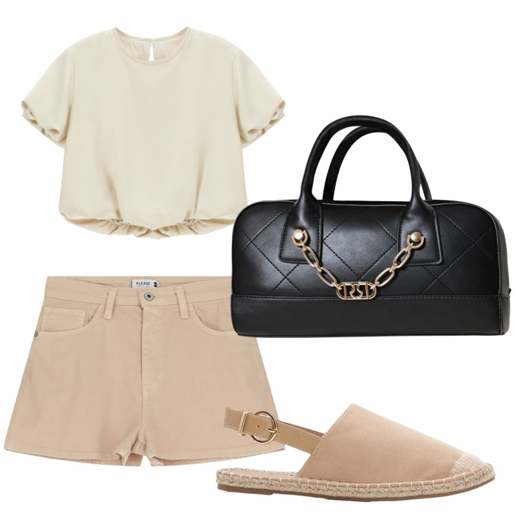 Outfit donna - Aperitivo. Stile Trendy per Tutti i giorni. Abbinamento con espadrillas, borse a mano, shorts, camicie a manica corta.