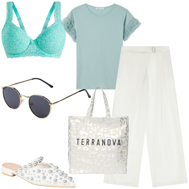 Outfit donna - Total look #2231051. Stile Casual chic per Tutti i giorni. Abbinamento con reggiseni, occhiali da sole, t-shirt, ballerine, borse tote, pantaloni a palazzo.
