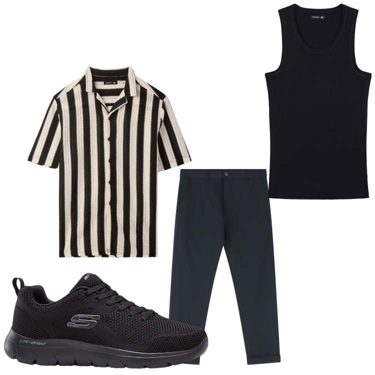 Outfit uomo - Righe. Stile Casual per Tutti i giorni. Abbinamento con sneakers, camicie a manica corta, canottiere, pantaloni chino.