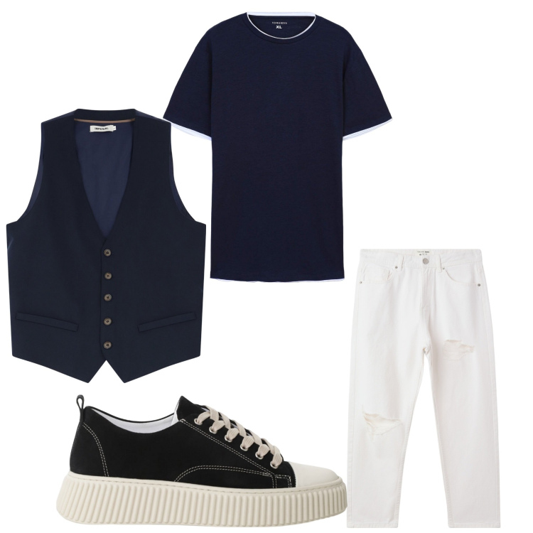 Outfit uomo - Carino. Stile Casual per Serata speciale. Abbinamento con jeans strappati, t-shirt, gilet, sneakers.