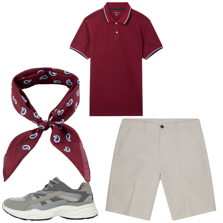 Outfit uomo - Bordeaux. Stile Casual per Tutti i giorni. Abbinamento con sneakers, polo, bermuda, sciarpe e foulard.