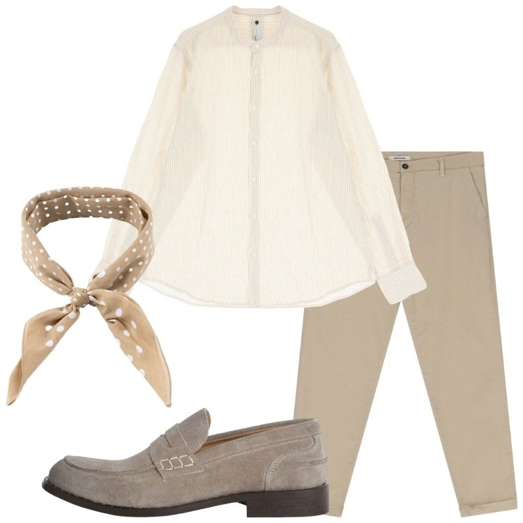 Outfit uomo - Tonalità neutre e polverose. Stile Casual per Serata speciale. Abbinamento con pantaloni chino, camicie, scarpe stringate, sciarpe e foulard.