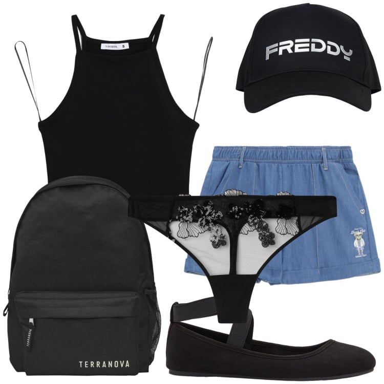 Outfit donna - Weekend. Stile Casual chic per Tutti i giorni. Abbinamento con ballerine, zaini, perizomi, top, shorts, cappelli.