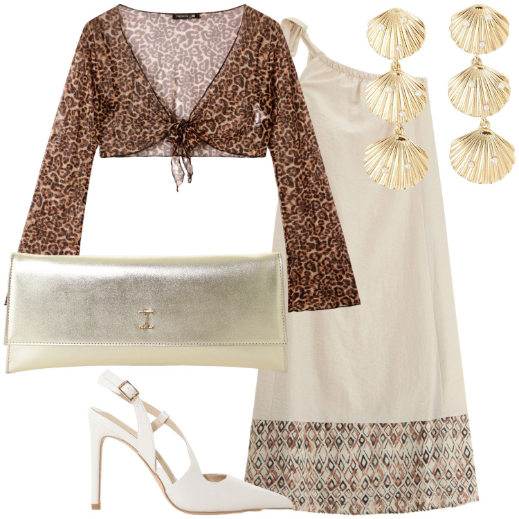 Outfit donna - Sposalizio al mare. Stile Glamour per Cerimonia. Abbinamento con bolero, orecchini, vestiti lunghi, décolleté, pochette.