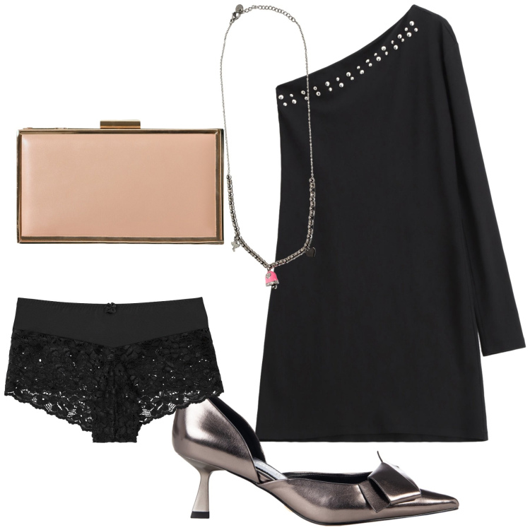 Outfit donna - Chic. Stile Chic per Serata fuori. Abbinamento con culotte, décolleté, pochette, vestiti asimmetrici, ciondoli.