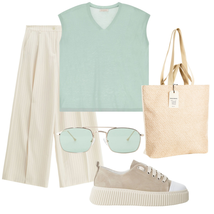 Outfit donna - Una passeggiata con l\'amica. Stile Casual per Tutti i giorni. Abbinamento con borse tote, top, pantaloni a palazzo, sneakers, occhiali da sole.