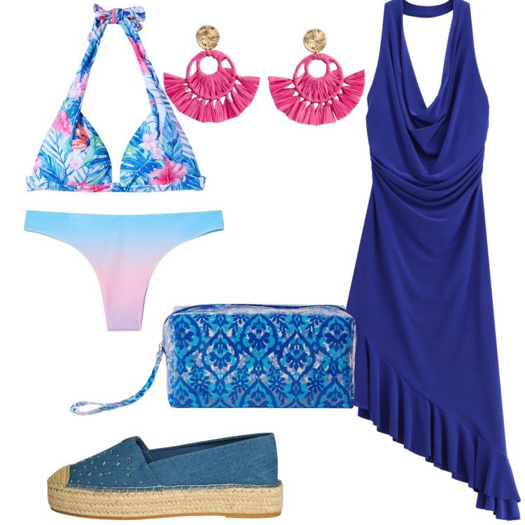 Outfit donna - Serata a ballare sulla sabbia. Stile Glamour per Mare. Abbinamento con orecchini, espadrillas, bikini, bikini, pochette, vestiti asimmetrici.