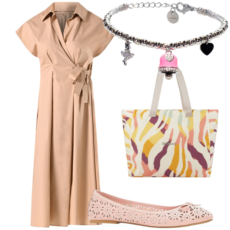 Outfit donna - Bon ton per il ritorno in ufficio. Stile Bon Ton per Ufficio. Abbinamento con ballerine, vestiti chemisier, shopping bag, braccialetti.