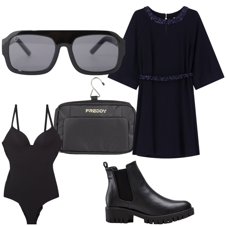 Outfit donna - Col nero sempre vincente. Stile Urban per Tutti i giorni. Abbinamento con stivaletti chelsea, body, occhiali da sole, vestiti corti, valigie.