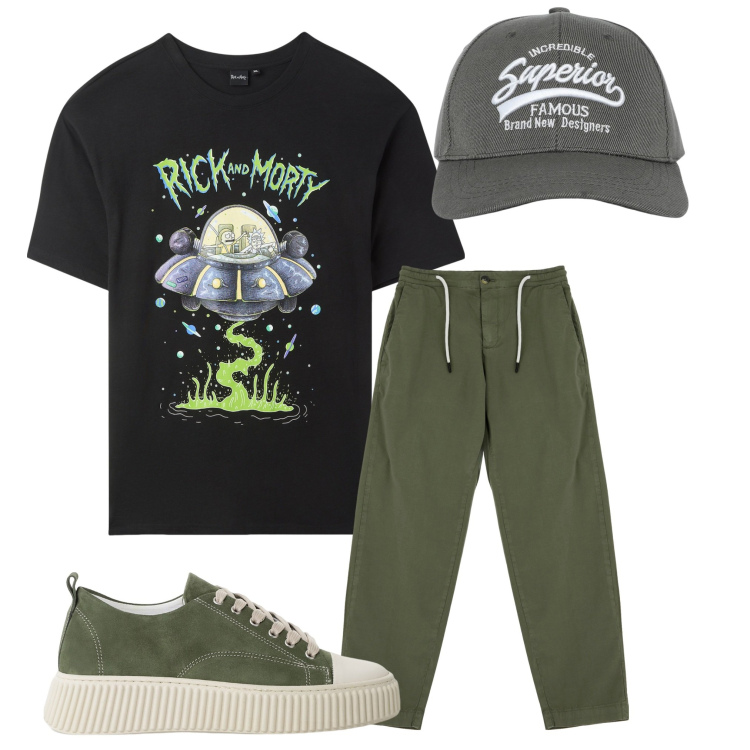 Outfit uomo - La maglietta con la stampa. Stile Casual per Tutti i giorni. Abbinamento con cappelli con visiera, t-shirt, sneakers, pantaloni chino.