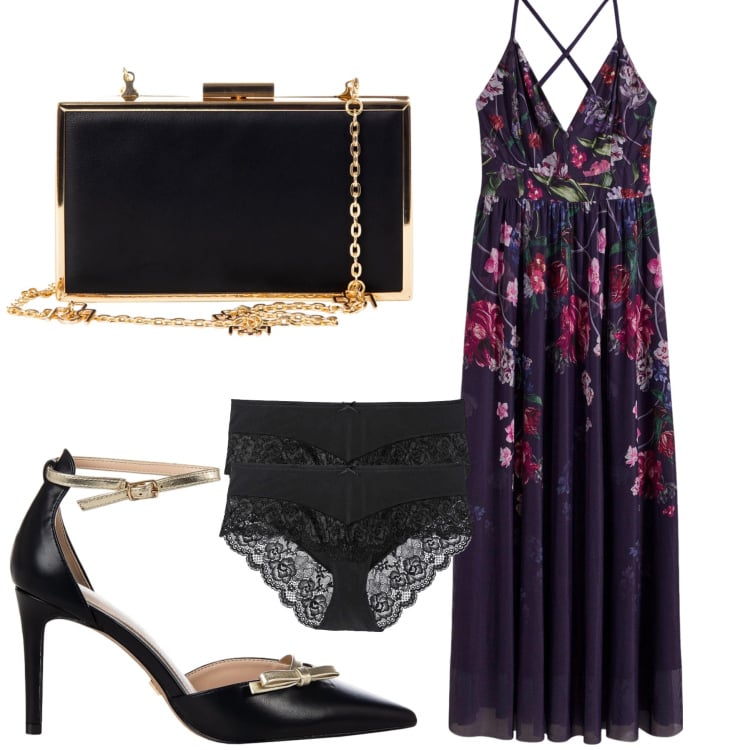 Outfit donna - Eleganza al ristorante. Stile Chic per Serata fuori. Abbinamento con vestiti lunghi, culotte, pochette, décolleté.