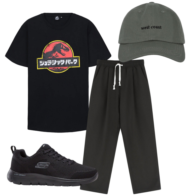Outfit uomo - La maglietta con la stampa 2. Stile Casual per Tutti i giorni. Abbinamento con sneakers, t-shirt, cappelli con visiera, pantaloni.